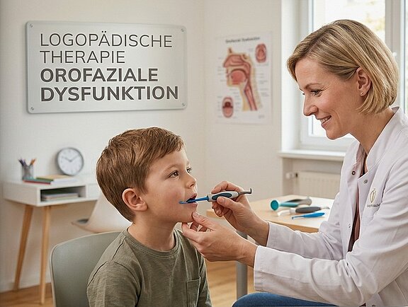 eine Logopädin behandelt in ihrer Praxis ein Kind