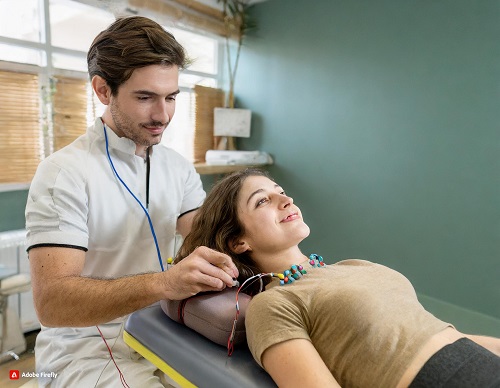 Physiotherapeut behandelt eine Patientin mit Schwellstrom  